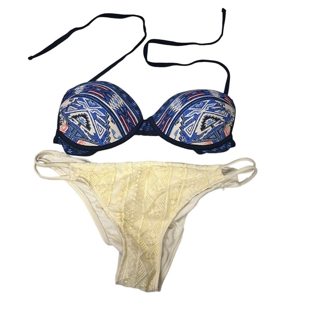 XHILARATION Bikini Large NWOT Blue Tribal Crochet Strappy